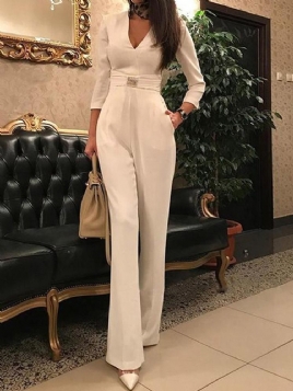 Full Lengde Lomme Ensfarget Høy Midje Bellbottoms Jumpsuit