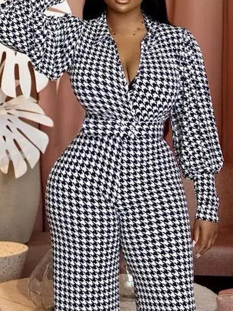 Full Lengde Mote Houndstooth Slim Jumpsuit Med Høy Midje