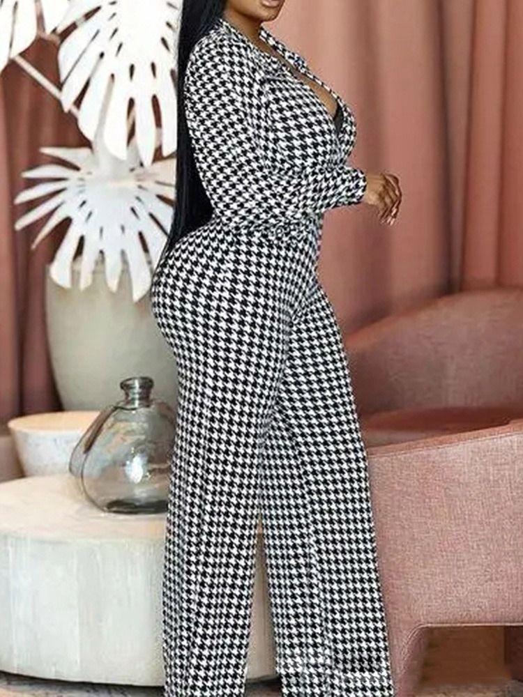 Full Lengde Mote Houndstooth Slim Jumpsuit Med Høy Midje