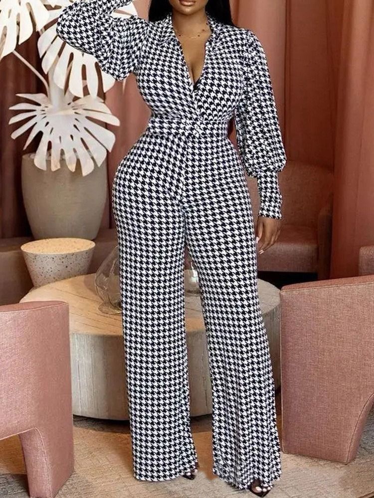 Full Lengde Mote Houndstooth Slim Jumpsuit Med Høy Midje