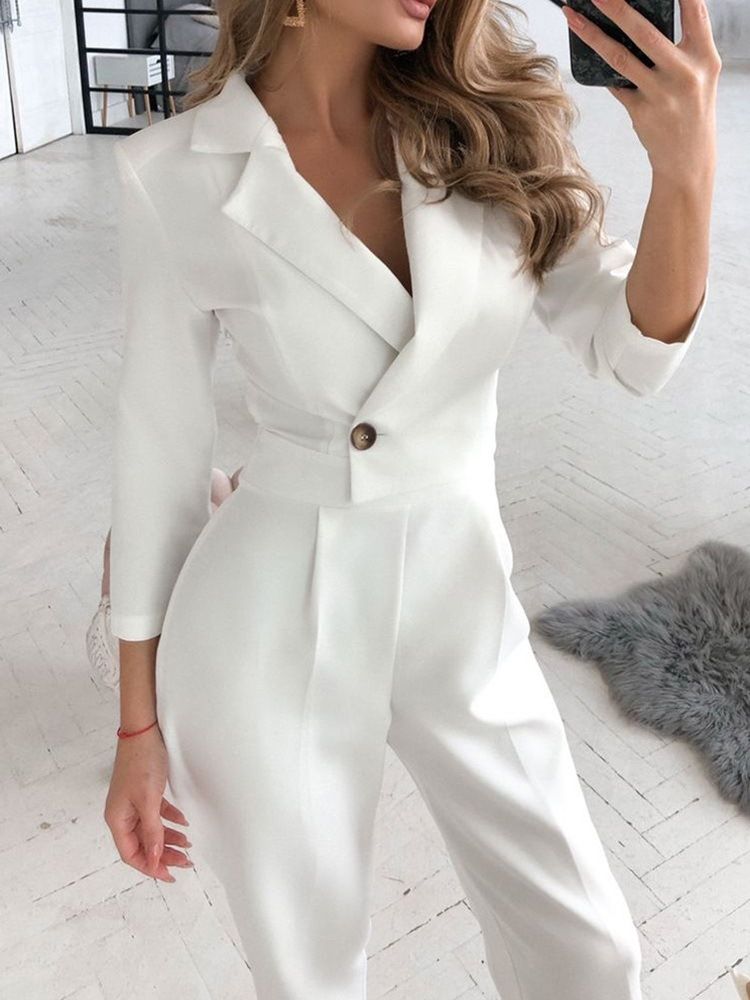 Full Lengde Office Lady Plain Slim Mid Waist Blazer Jumpsuit