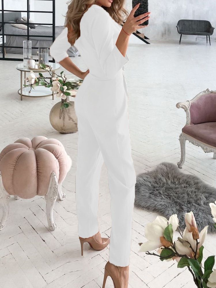 Full Lengde Office Lady Plain Slim Mid Waist Blazer Jumpsuit