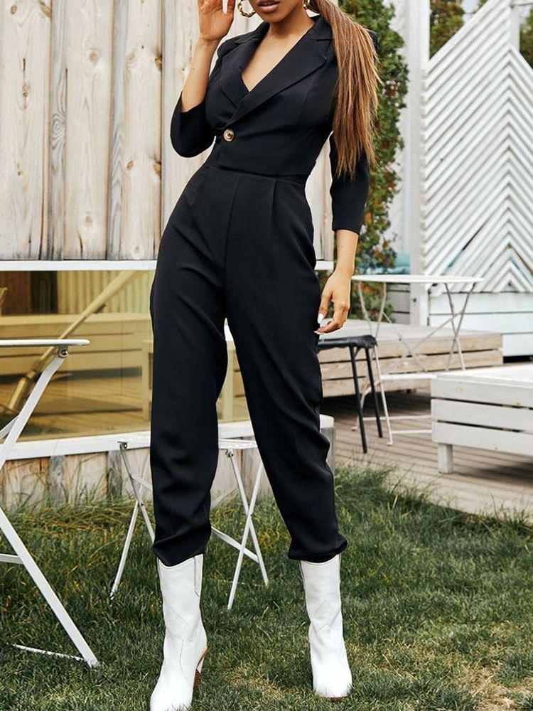 Full Lengde Office Lady Plain Slim Mid Waist Blazer Jumpsuit