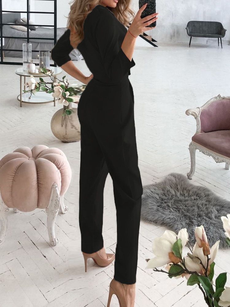 Full Lengde Office Lady Plain Slim Mid Waist Blazer Jumpsuit