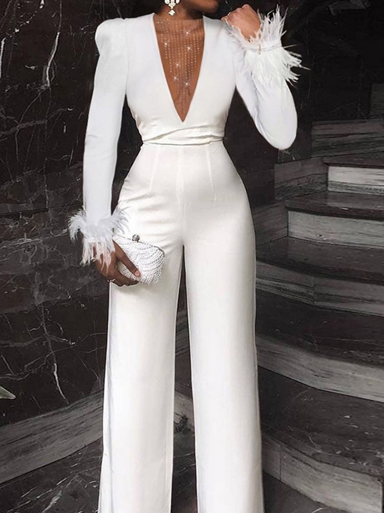 Full Lengde Perle Formell Rett Slim Jumpsuit