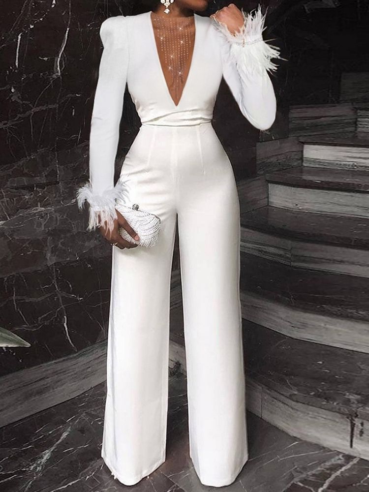 Full Lengde Perle Formell Rett Slim Jumpsuit