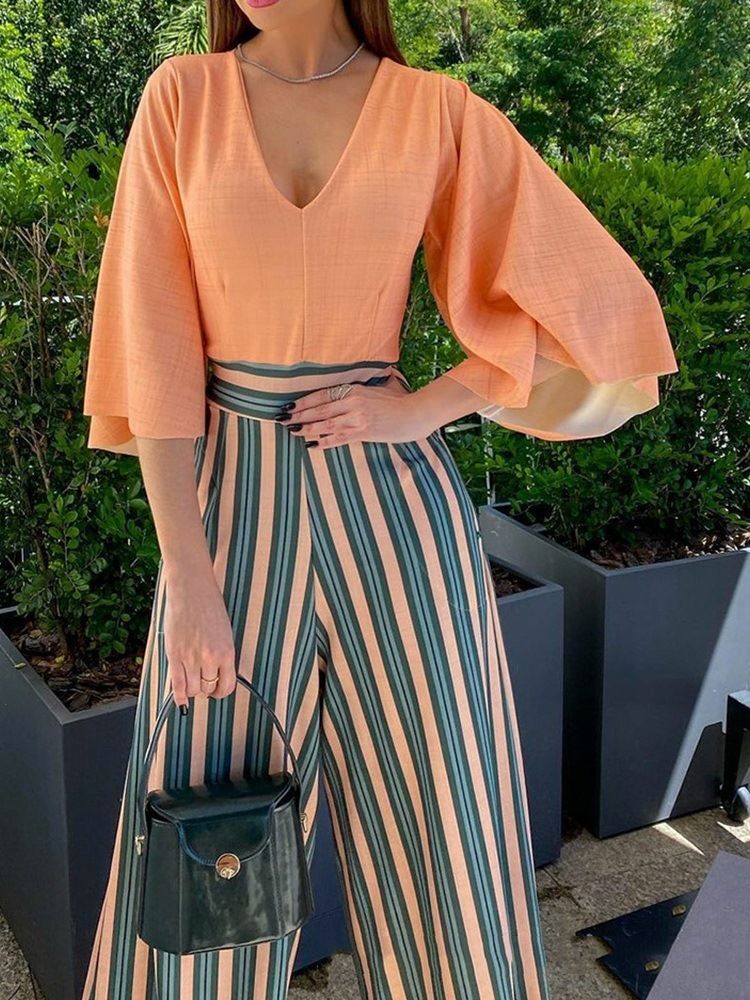 Full Lengde Stripe Mote Løs Rett Jumpsuit