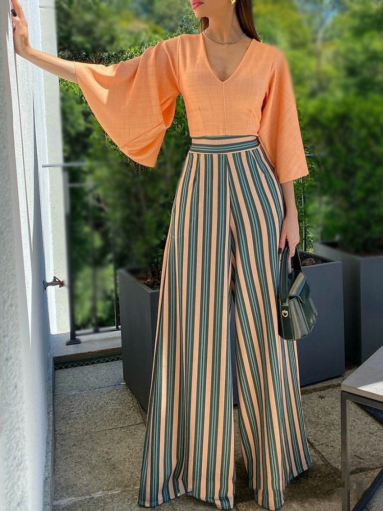 Full Lengde Stripe Mote Løs Rett Jumpsuit