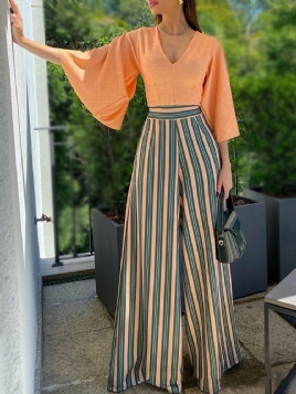 Full Lengde Stripe Mote Løs Rett Jumpsuit