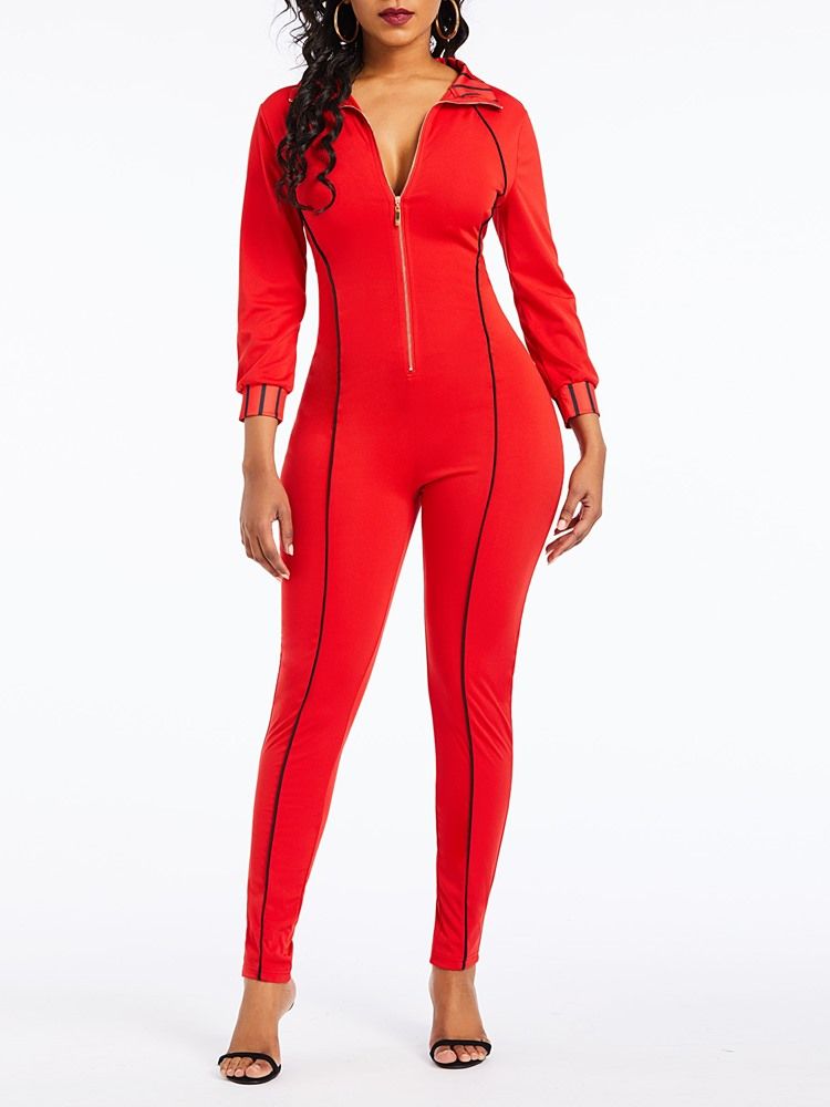 Full Lengde Vanlig Glidelås Slim Pencil Bukser Jumpsuit