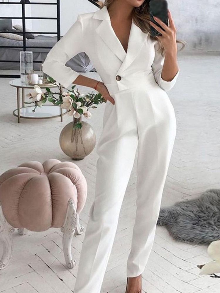 Full Lengde Vanlig Knapp Blyantbukse Høy Midje Jumpsuit