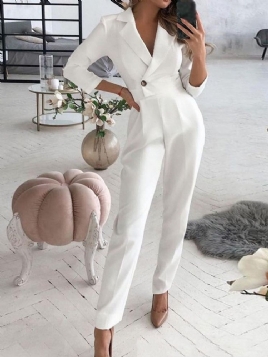 Full Lengde Vanlig Knapp Blyantbukse Høy Midje Jumpsuit