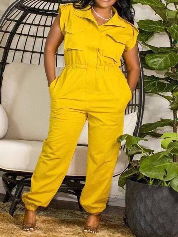 Full Lengde Vanlig Pocket Pencil Bukser Slim Jumpsuit