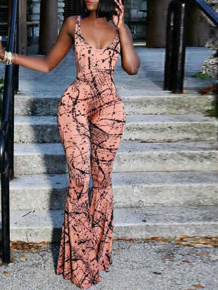 Full Lengde Western Print Slim Bellbottoms Jumpsuit For Kvinner