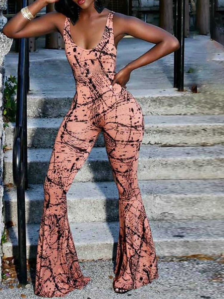 Full Lengde Western Print Slim Bellbottoms Jumpsuit For Kvinner