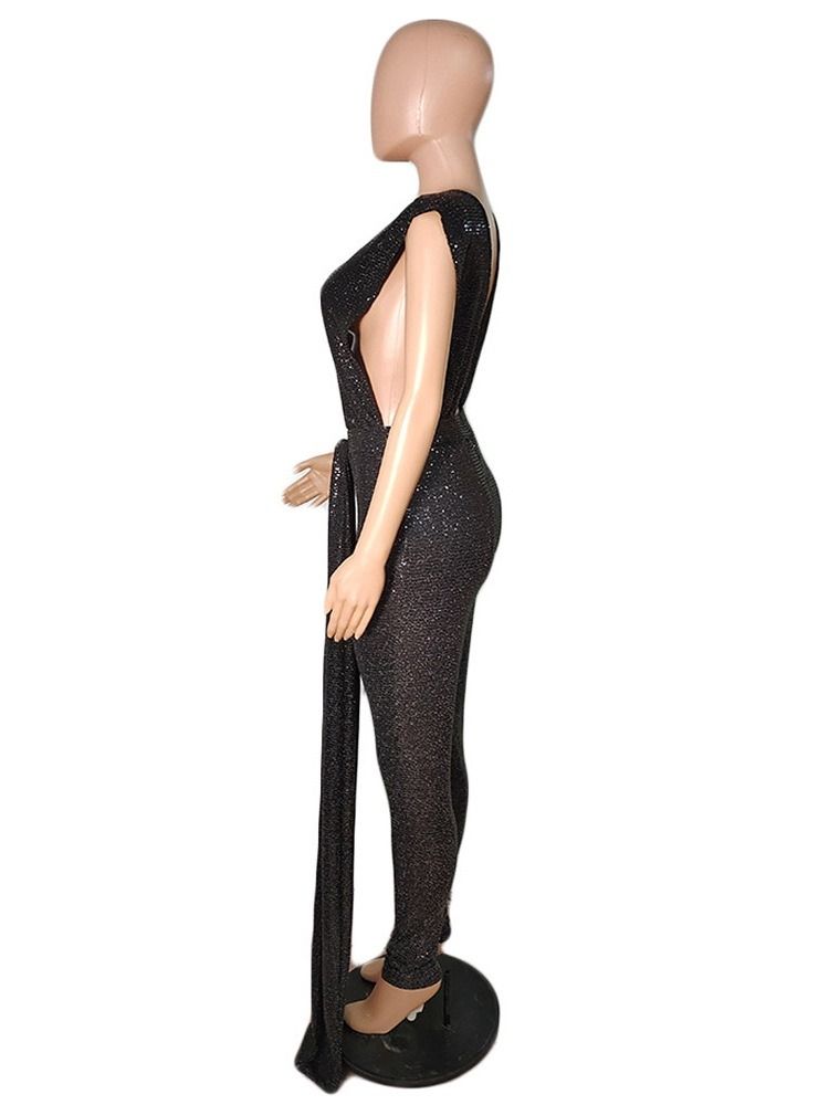 Lurex Plain Full Length Slim Pencil Bukser Jumpsuit