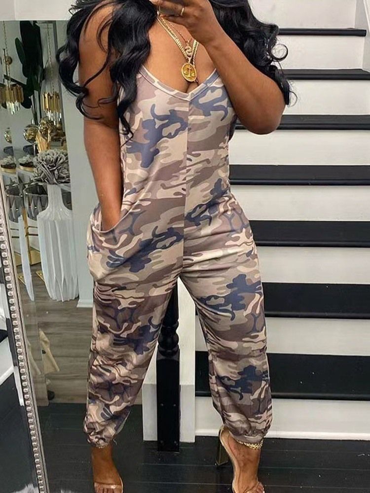 Mid-Calf Camouflage Backless Pencil Bukser Slim Jumpsuit For Kvinner