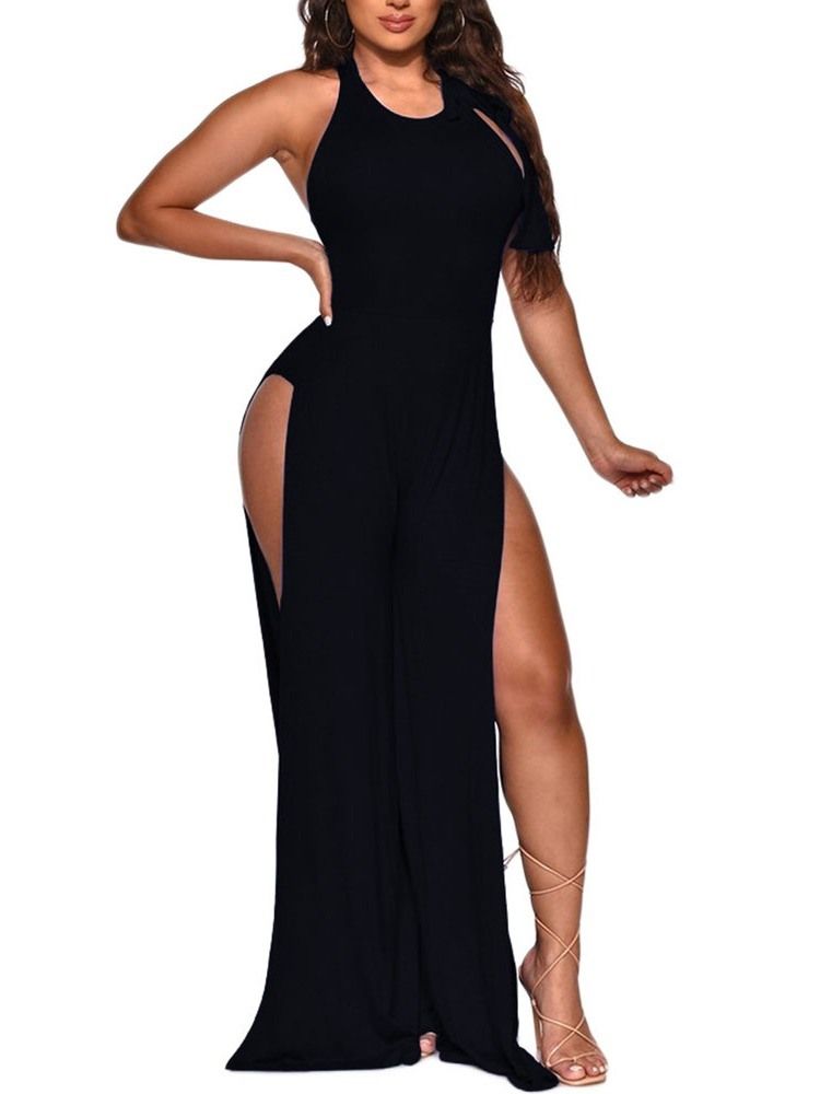 Mote Full Lengde Vanlig Dame Slim Backless Jumpsuit