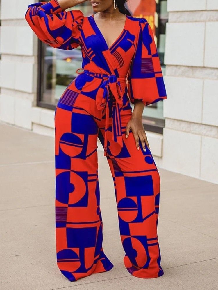 Office Lady Full Lengde Print Høy Midje Brede Ben Dame Jumpsuit