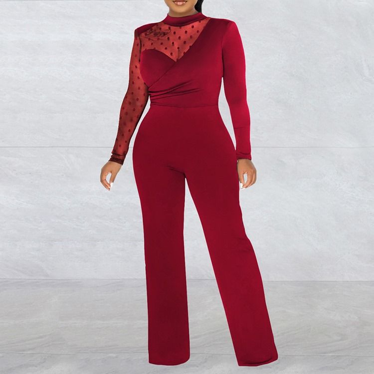 Office Lady Vanlig Gjennomsiktig Mid Waist Slim Jumpsuit