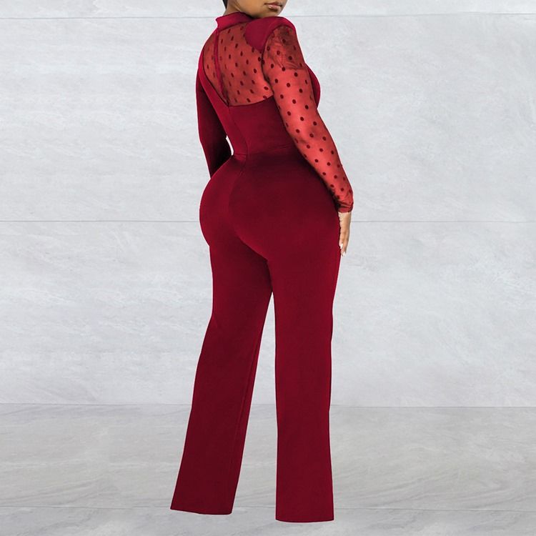 Office Lady Vanlig Gjennomsiktig Mid Waist Slim Jumpsuit