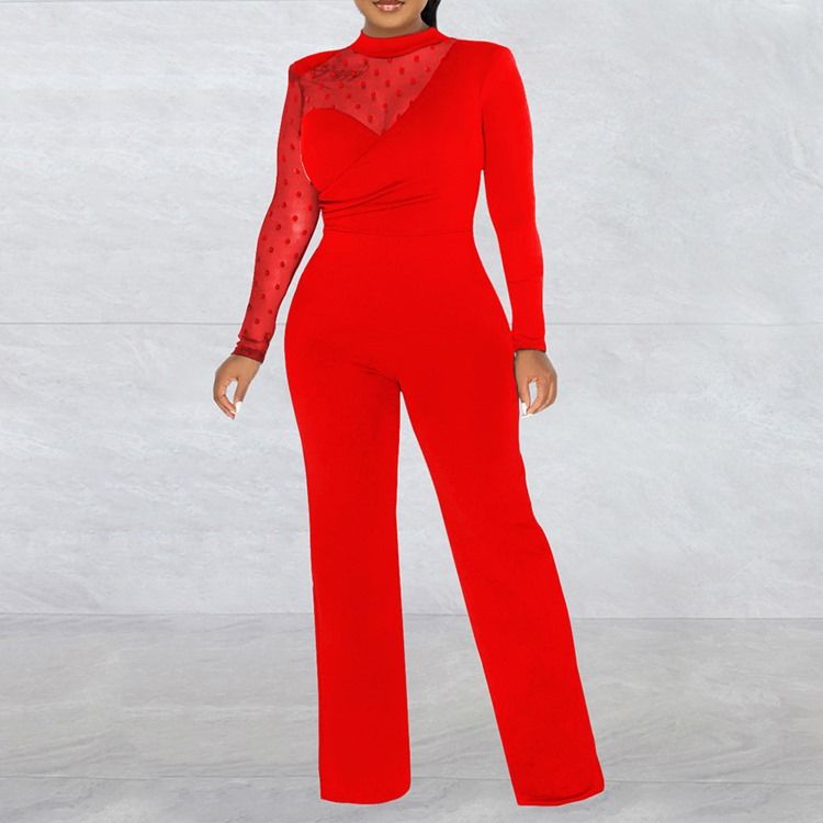 Office Lady Vanlig Gjennomsiktig Mid Waist Slim Jumpsuit