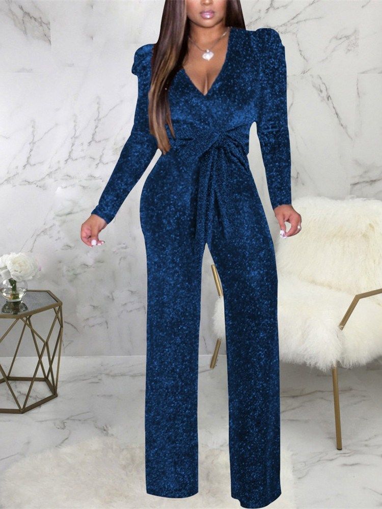 Plissert Full Lengde Vanlig Slim Jumpsuit