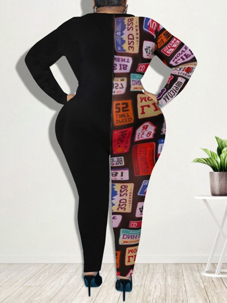 Plus Size Full Length Letter Western Pencil Bukser Skinny Jumpsuit