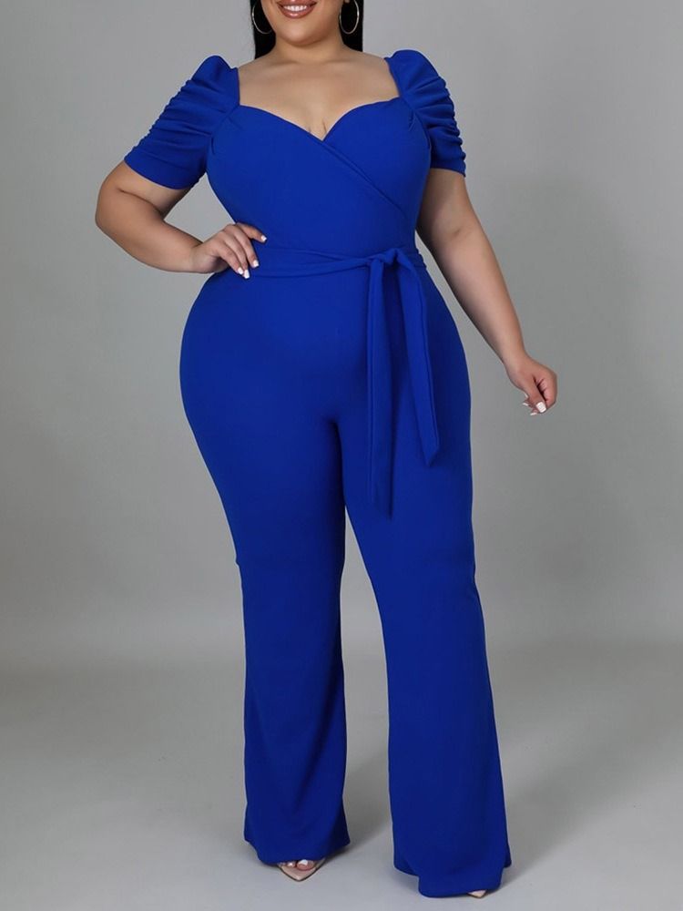 Plus Size Vanlig Full Lengde Snøring Slim Høy Midje Jumpsuit