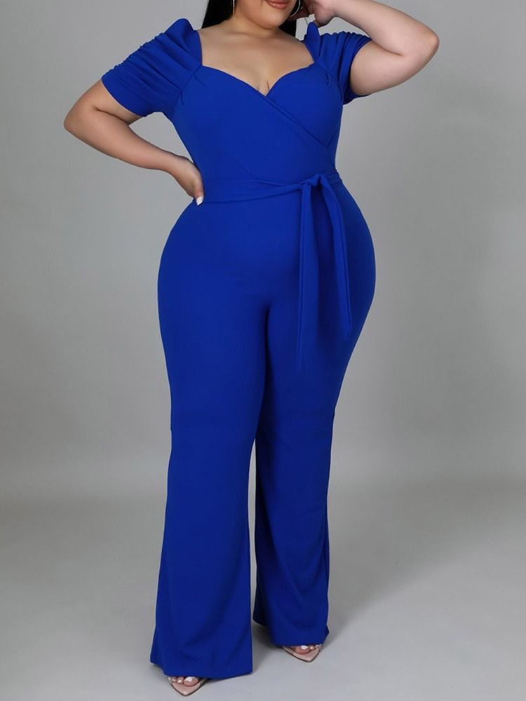 Plus Size Vanlig Full Lengde Snøring Slim Høy Midje Jumpsuit