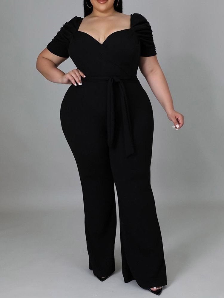 Plus Size Vanlig Full Lengde Snøring Slim Høy Midje Jumpsuit