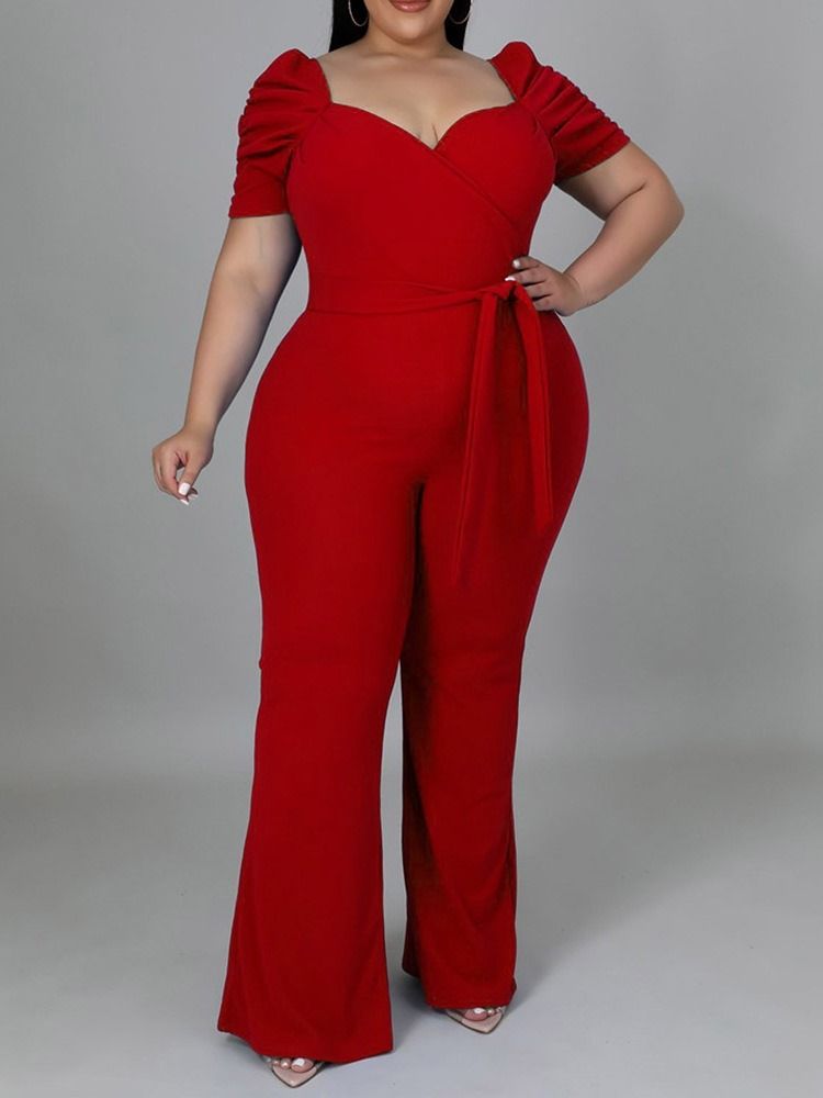 Plus Size Vanlig Full Lengde Snøring Slim Høy Midje Jumpsuit