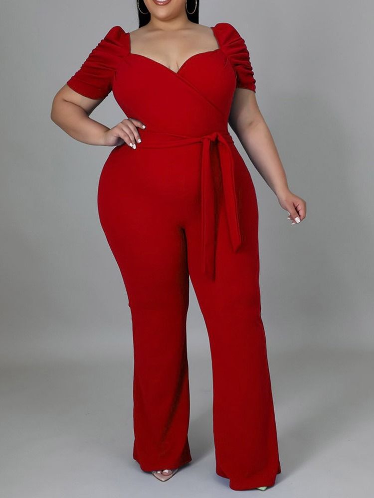 Plus Size Vanlig Full Lengde Snøring Slim Høy Midje Jumpsuit