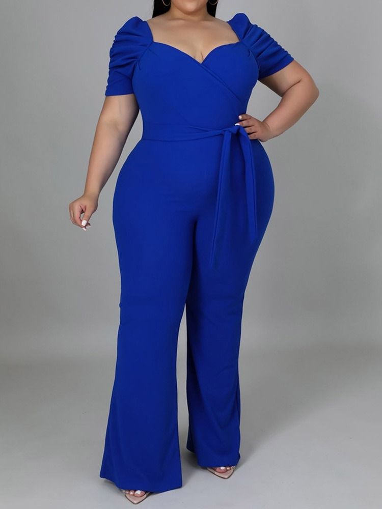 Plus Size Vanlig Full Lengde Snøring Slim Høy Midje Jumpsuit