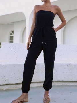 Pocket Ladylike Vanlig Dame Mid Waist Slim Jumpsuit