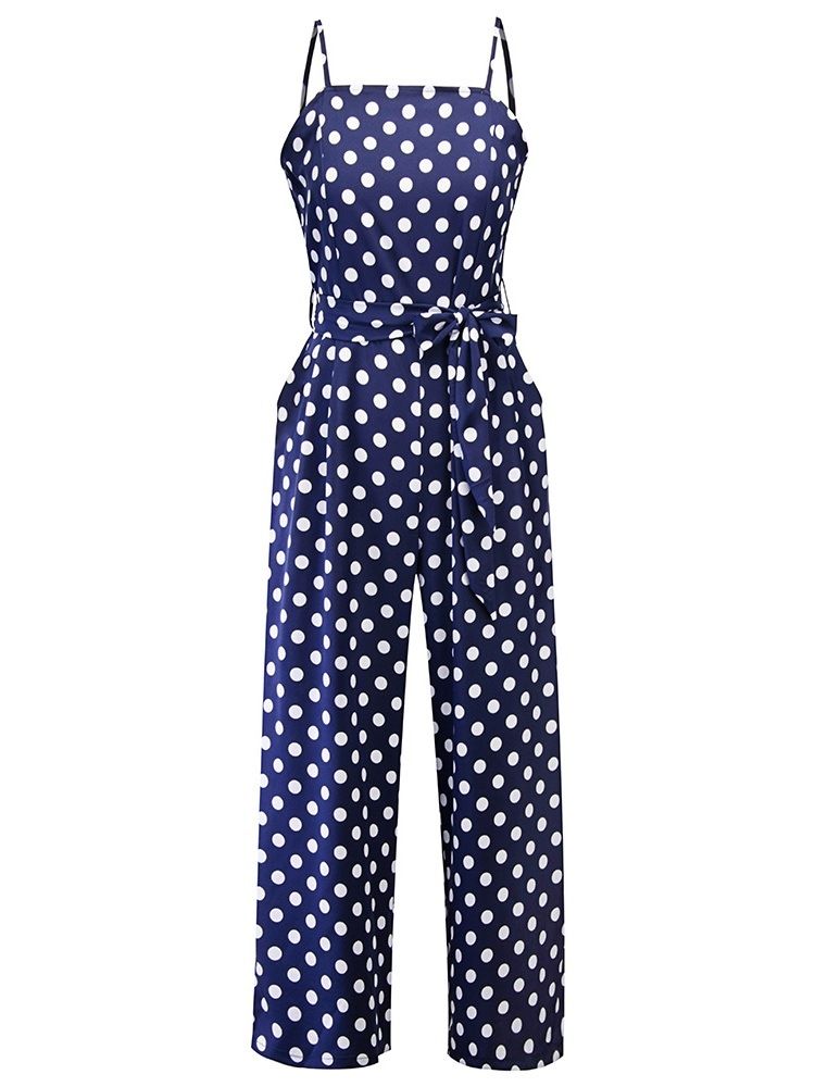 Polka Dots Beltestropp Slim Jumpsuit Med Vidde Ben