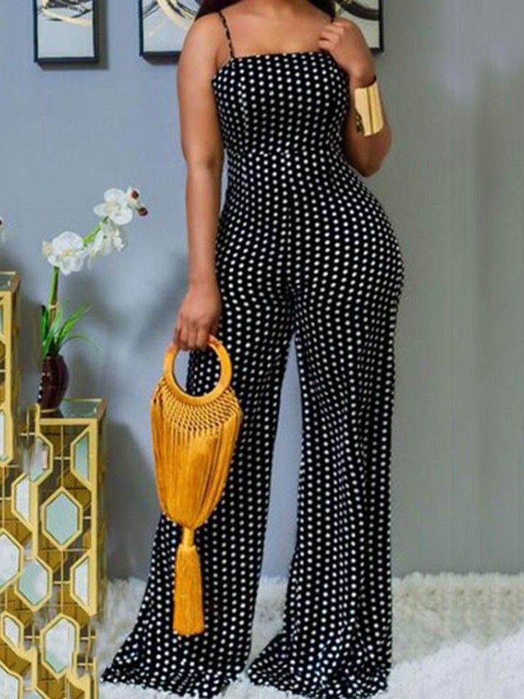 Polka Dots Office Lady Full Lengde Slank Rett Jumpsuit For Kvinner