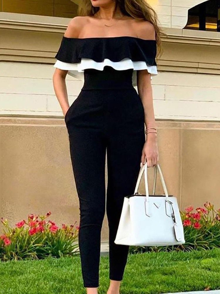 Ruffles Color Block Off Shoulder Slim Jumpsuit