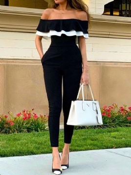 Ruffles Color Block Off Shoulder Slim Jumpsuit