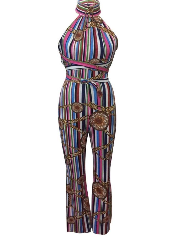 Sexy Print Geometrisk Backless Straight Slim Jumpsuit