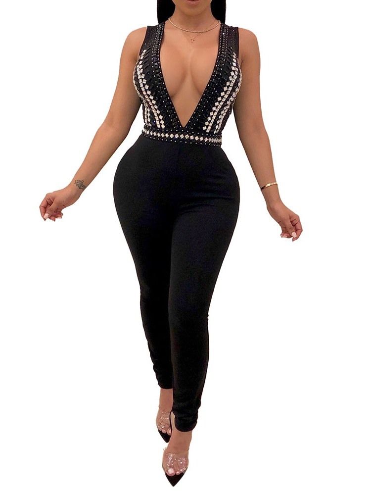 Sexy Vanlig Ryggløs Diamond Slim Jumpsuit