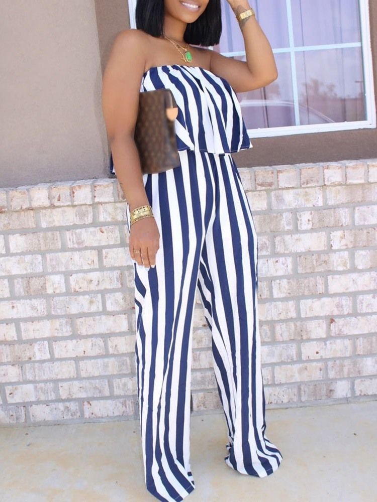 Skriv Ut Full Lengde Stripe Løs Rett Jumpsuit For Kvinner