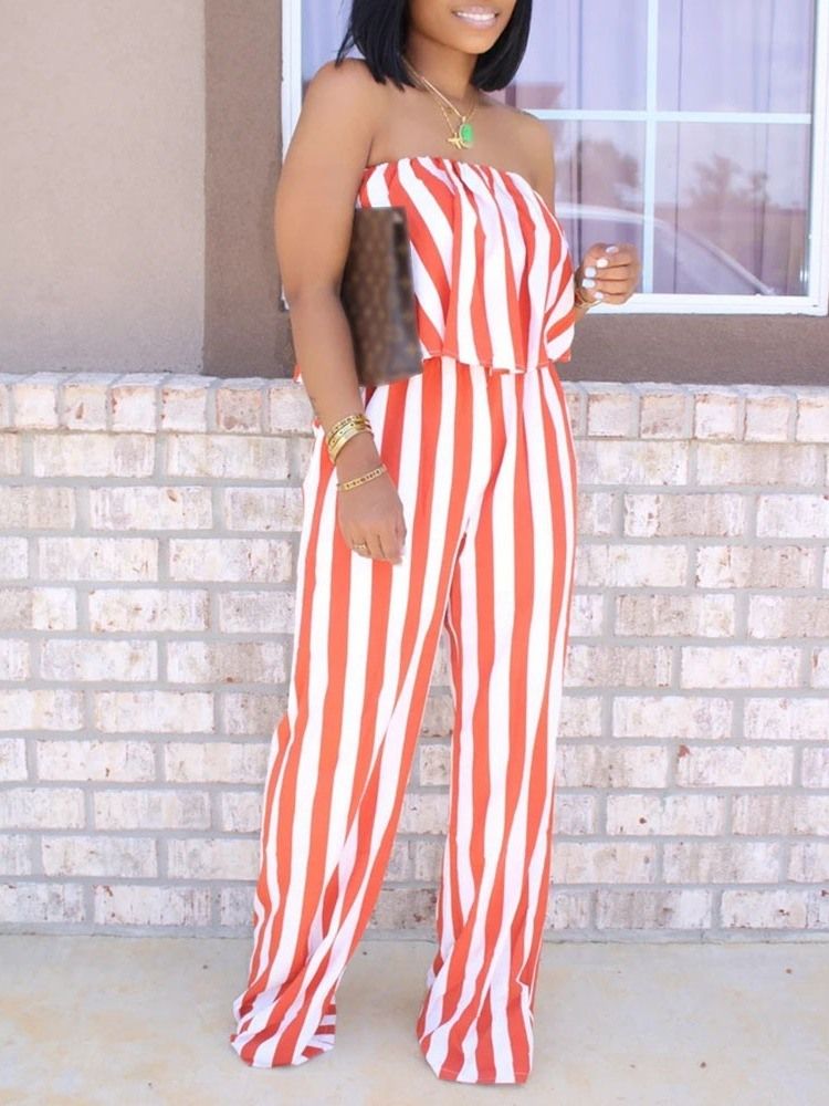 Skriv Ut Full Lengde Stripe Løs Rett Jumpsuit For Kvinner