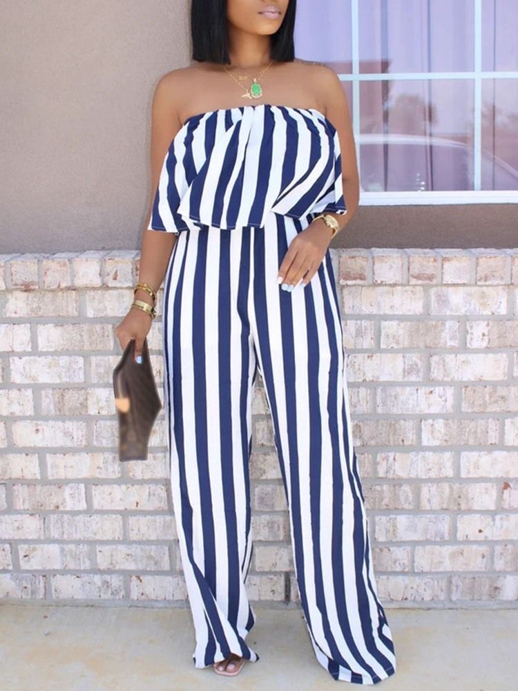 Skriv Ut Full Lengde Stripe Løs Rett Jumpsuit For Kvinner