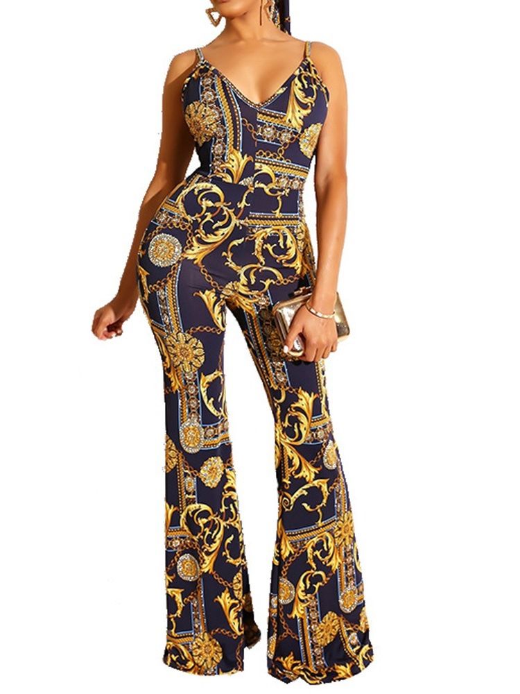 Skriv Ut Sexy Full Length Slim Mid Waist Jumpsuit