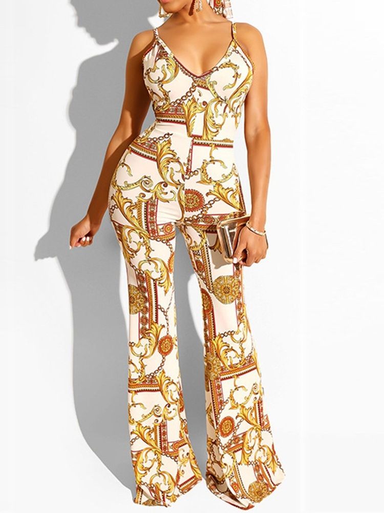 Skriv Ut Sexy Full Length Slim Mid Waist Jumpsuit