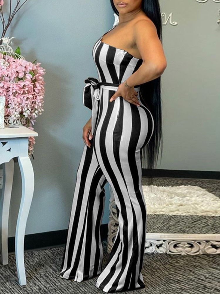 Stripe Full Lengde Print Slim Jumpsuit For Kvinner