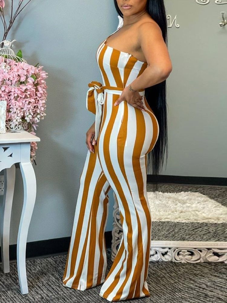 Stripe Full Lengde Print Slim Jumpsuit For Kvinner