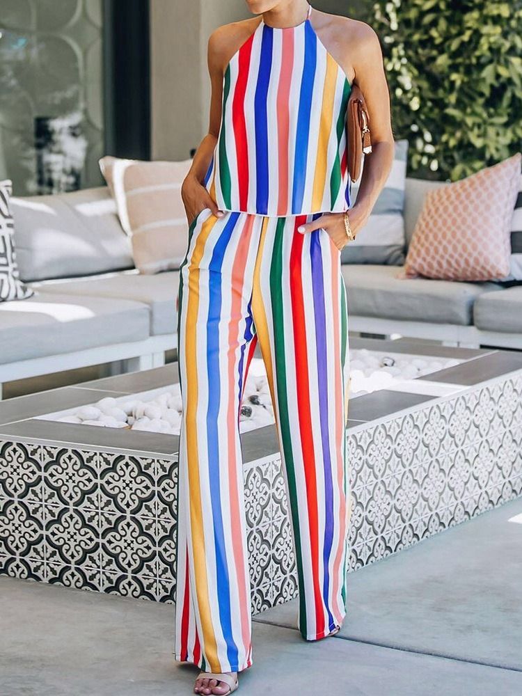 Stripe Ladylike Jumpsuit For Kvinner I Full Lengde Med Rett Midje