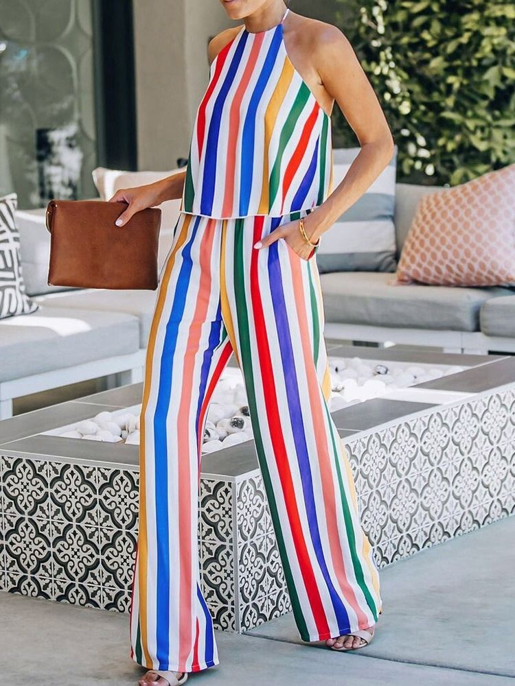 Stripe Ladylike Jumpsuit For Kvinner I Full Lengde Med Rett Midje